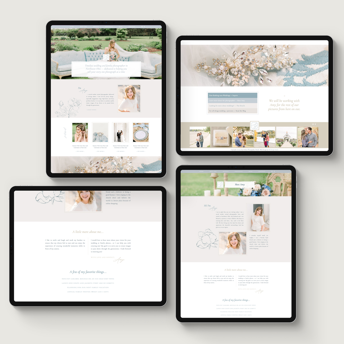 Four ipads showing various website pages for Amy Simkus Photography