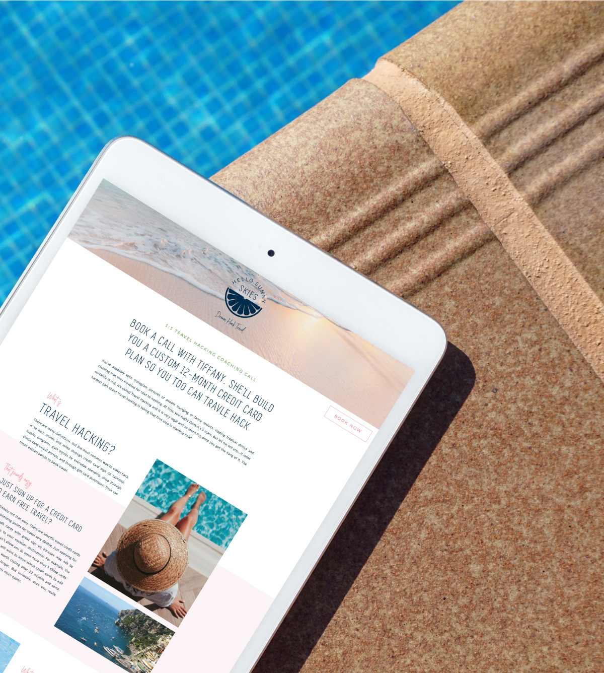 Showit website for Hello Sunny Skies, shown on an ipad by the pool