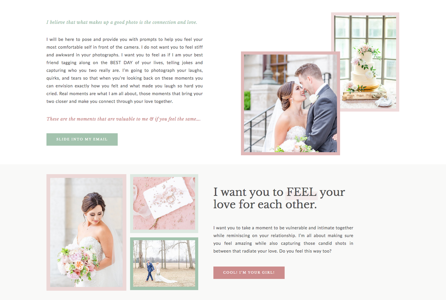 Photography website screenshot of wedding experience page