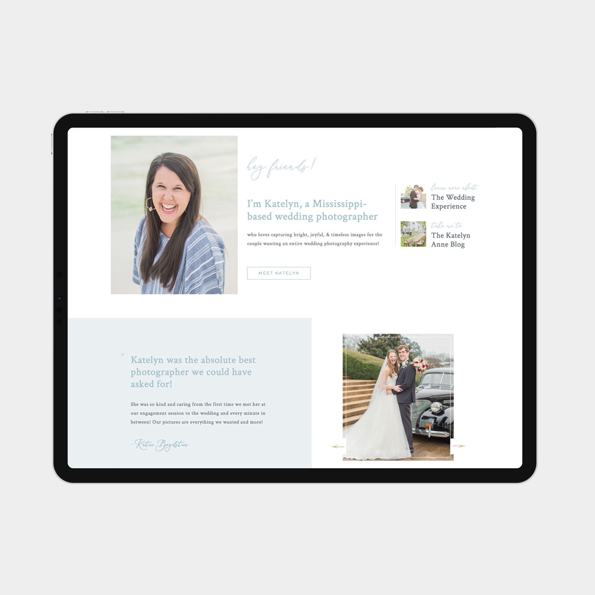 Home page design for Katelyn Anne Photography’s new website by MK Design Studio