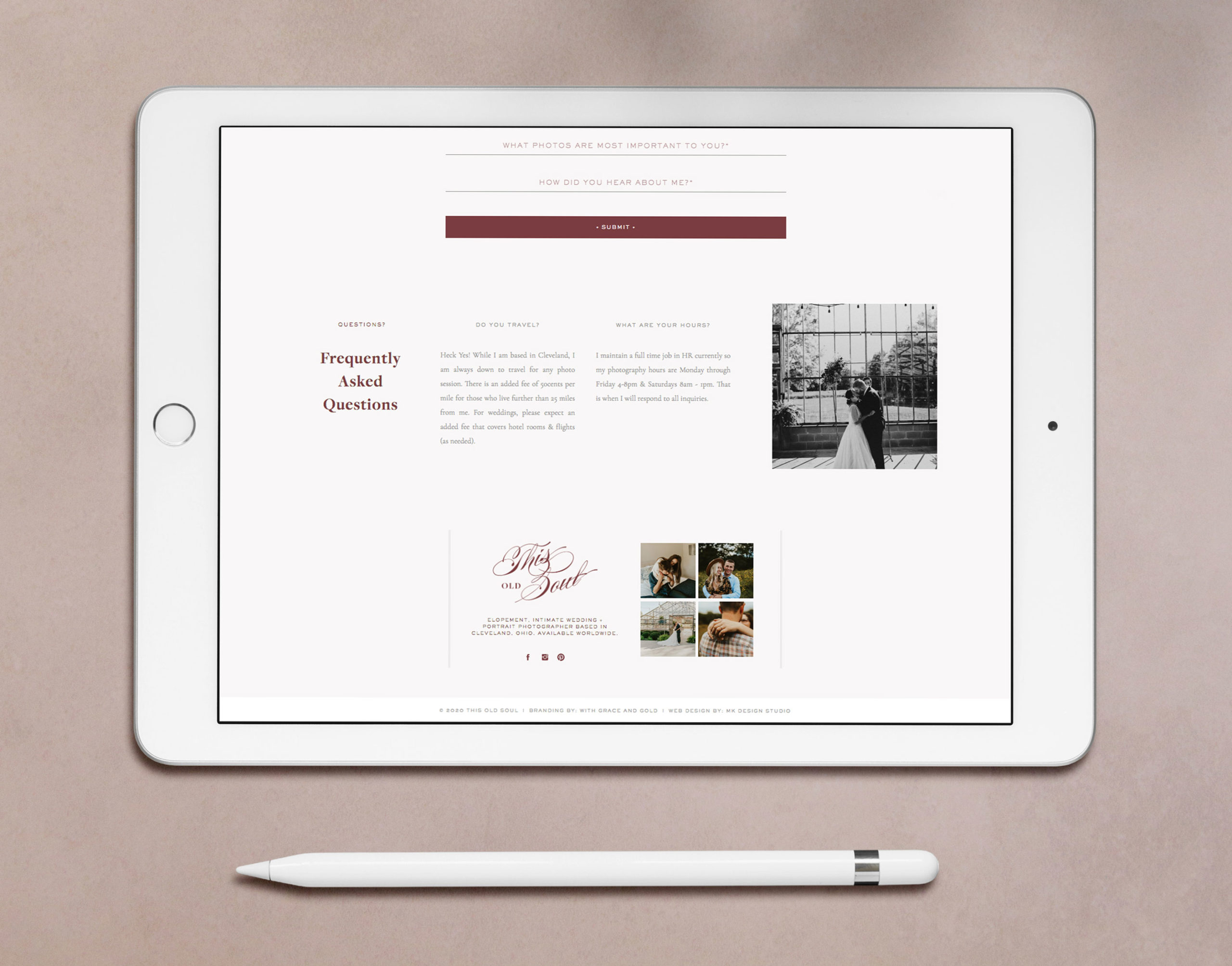 Gorgeous, detailed website contact page design for wedding photographer