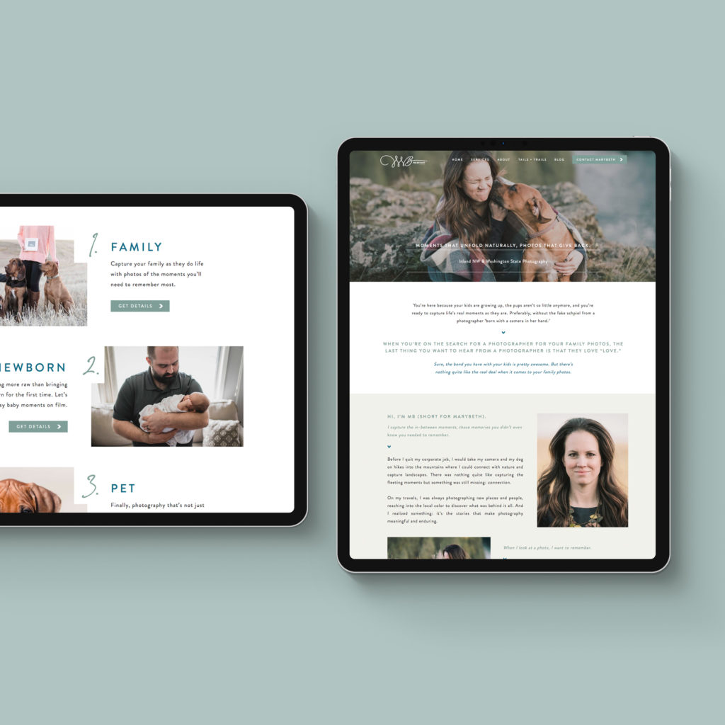 Showit website mockup on an iPad with a teal background