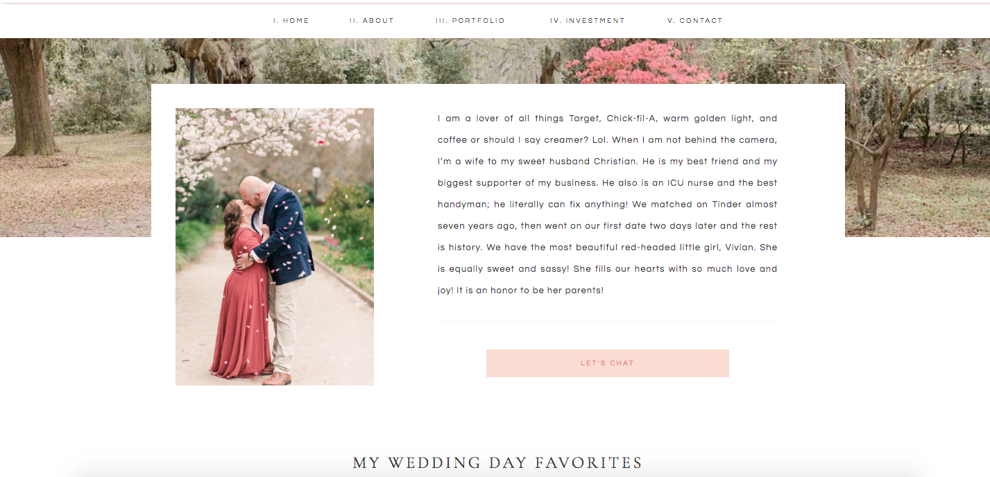 Charleston Wedding Photographer website, about page